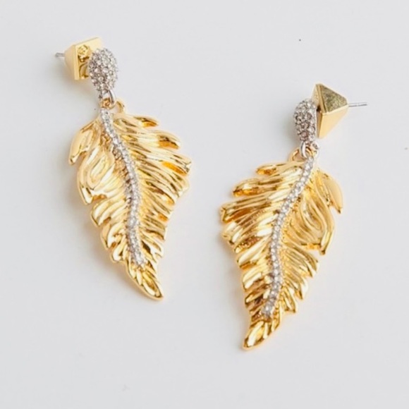 Alexis Bittar Gold Georgian Feather Swarovski Crystal Post Drop Hinged Earrings